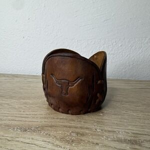 Tooled Leather Western Glass Holder Longhorns Coozie Texas Rustic Cowboy